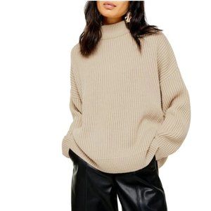 Topshop Mock Neck Sweater Ribbed Oat